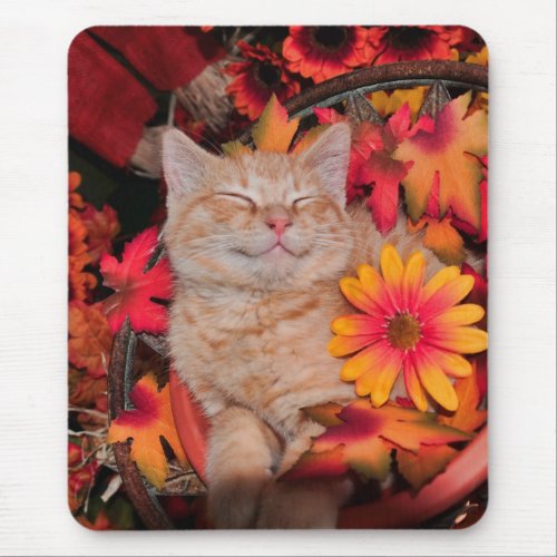 Di Milo, Smiling Kitty Cat Kitten, Fall Flowers mousepad