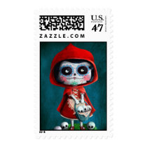 artsprojekt, fairy tale, halloween, red riding hood, dia de los muertos, sugar skull, day of the dead, la catrina, little red riding hood, fairytale, horror, skulls, dia de muertos, spooky, scary, catrina, calavera, gothic, mexico, mexican, spooky fairy tale, mexican fairy tale, fairy tale gift, halloween gift, halloween present, fairy tale present, red riding hood gift, red riding hood present, the day of the dead, children stories, folk tales, mexican day of the dead, day of the dead skulls, day of the dead mask, Frimærke med brugerdefineret grafisk design