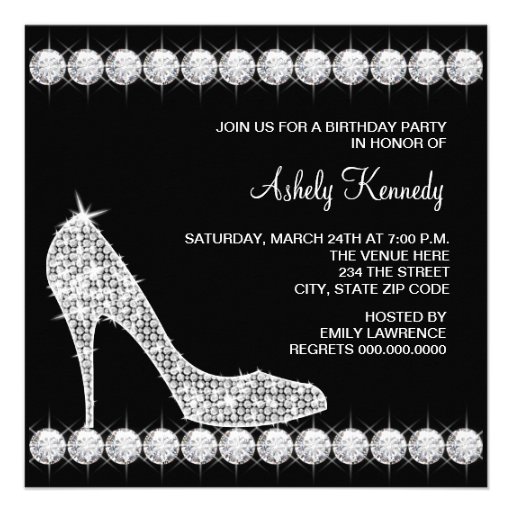 Diamond Black High Heel Shoe Birthday Party Custom Invites