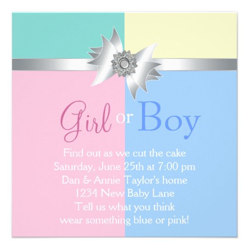 Diamond Bow Elegant Pink Blue Gender Reveal Party Custom Invite