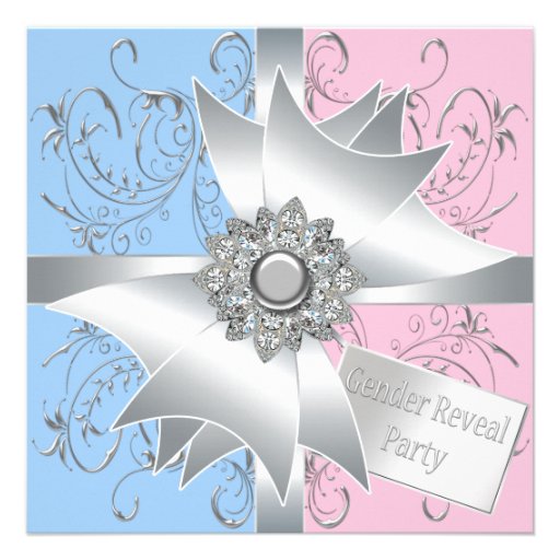 Diamond Bow Elegant Pink Blue Gender Reveal Party Announcements (front side)