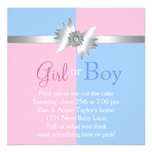 Diamond Bow Elegant Pink Blue Gender Reveal Party Announcements