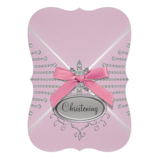 Diamond Bow Pink Christening Custom Invitations