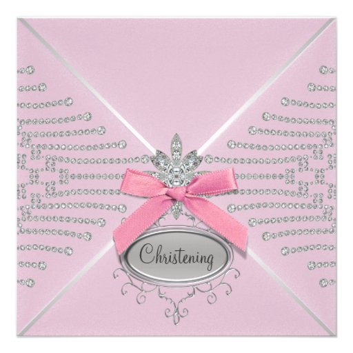 Diamond Bow Pink Christening Invitations