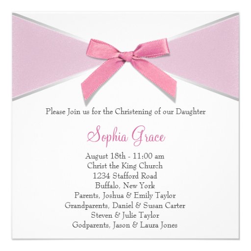 Diamond Bow Pink Christening Invitations