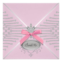 Diamond Bow Pink Sweet Sixteen Birthday Party Announcements