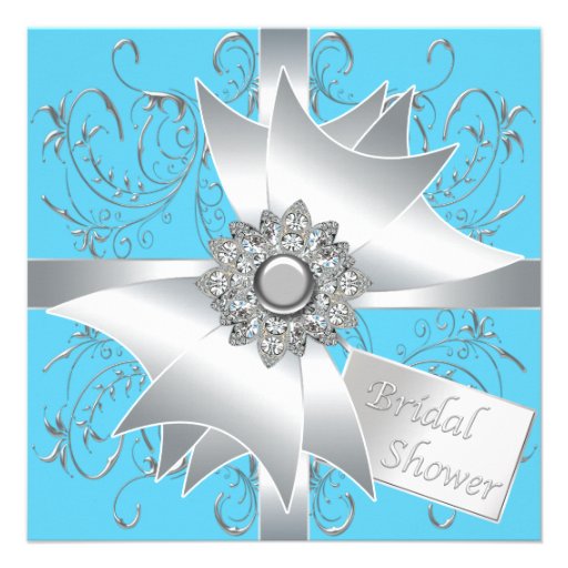 Diamond Bow Silver Teal Blue Bridal Shower Invitations