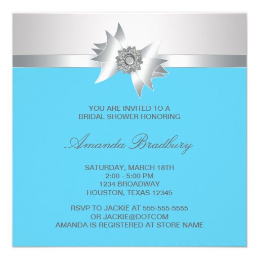 Diamond Bow Silver Teal Blue Bridal Shower Invitations