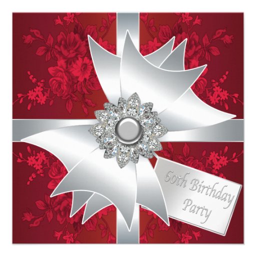 Diamond Bow Womans Red Rose 60th Birthday Party Announcement