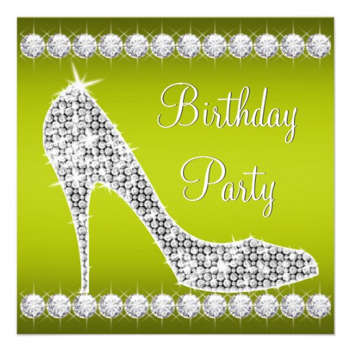 Diamond Celery Green High Heel Shoe Birthday Party Personalized Invites