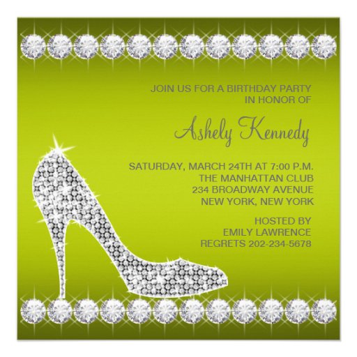 Diamond Celery Green High Heel Shoe Birthday Party Personalized Invites