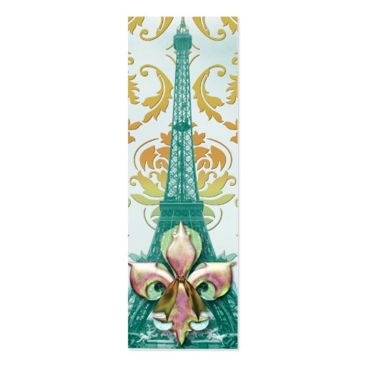 Diamond Damask, EIFFEL TOWER in Gold & Teal Business Card (front side)