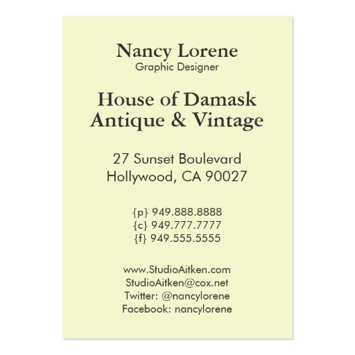 Diamond Damask, FASCINATION in Gold & Cream Business Card (back side)