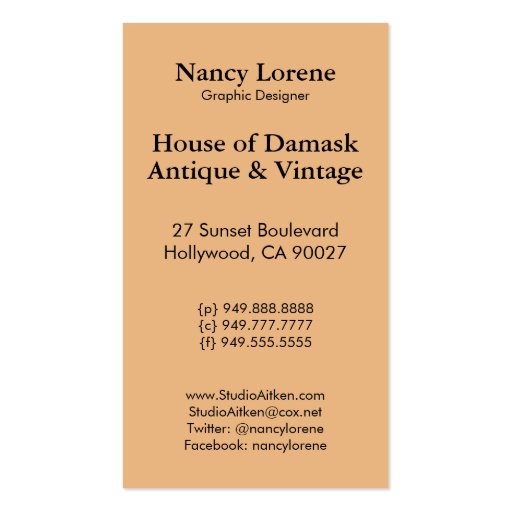 Diamond Damask, NOUVEAU PRINT in Red and Orange Business Card (back side)
