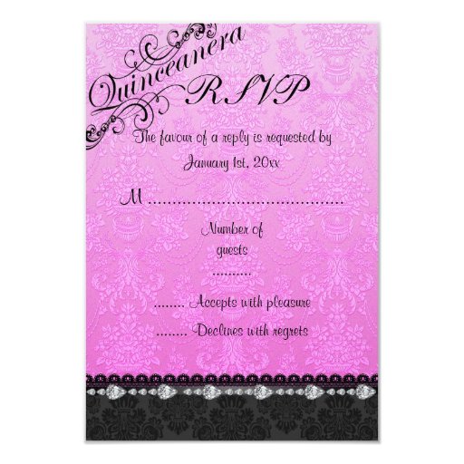 Diamond &amp; Damask Pink Quinceanera RSVP Card 3.5" X 5" Invitation Card ...