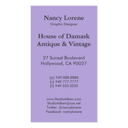 Diamond Damask, SHADOWS and FOG in Purple Business Card Templates (back side)