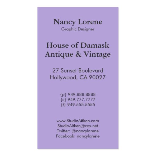 Diamond Damask, SHADOWS and FOG in Purple Business Card Template (back side)