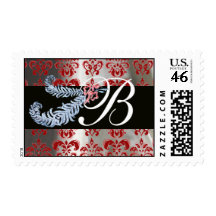 DIAMOND FEATHERS RED WHITE SILK DAMASK MONOGRAM POSTAGE STAMPS