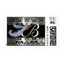 DIAMOND FEATHERS WHITE BLACK SILK DAMASK MONOGRAM POSTAGE STAMP