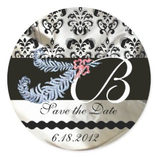 DIAMOND FEATHERS WHITE BLACK SILK DAMASK MONOGRAM sticker