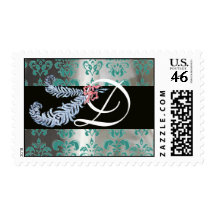DIAMOND FEATHERS WHITE BLUE SILK DAMASK MONOGRAM STAMP