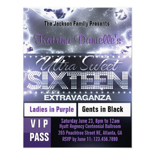 Diamond Glow Sweet Sixteen VIP Pass Invite Purple