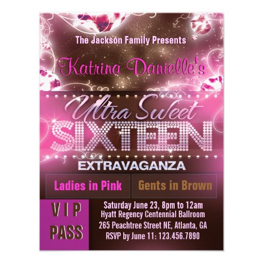 Diamond Glow Sweet Sixteen VIP Pass [Pink Brown] Custom Announcements