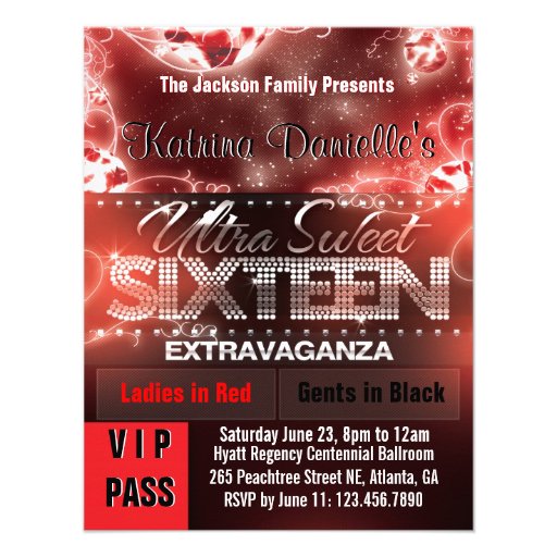Diamond Glow Sweet Sixteen VIP Pass [Red Black] Personalized Invitations