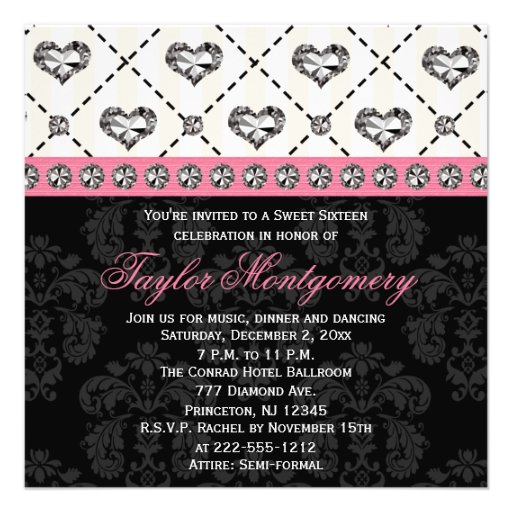 Diamond Heart Hot Pink Sweet Sixteen Invitations D
