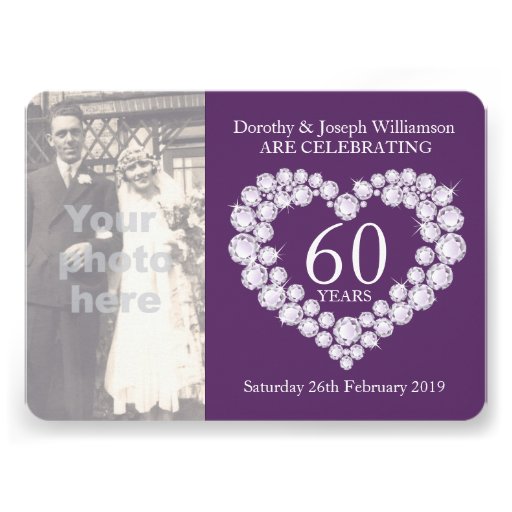 Diamond heart wedding photo 60 years party invite (front side)