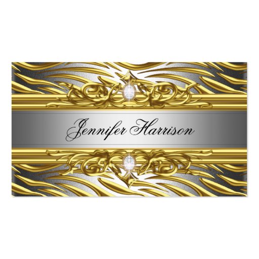 Diamond Jewel Zebra Gold On Gold Silver Elegant Business Card Templates (front side)