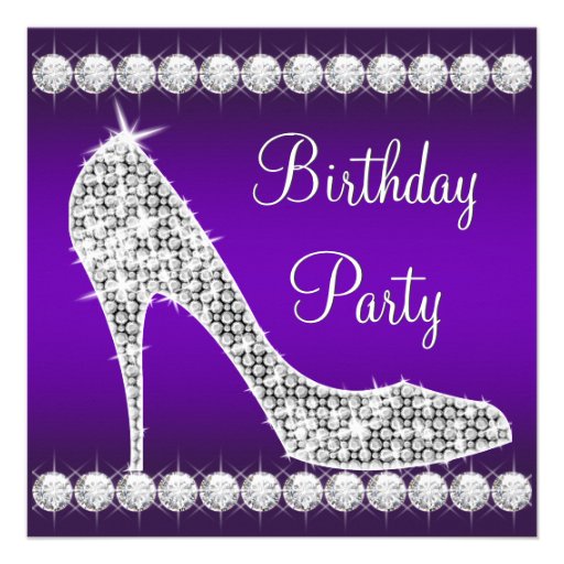 Diamond Purple High Heel Shoe Birthday Party Custom Announcement (front side)