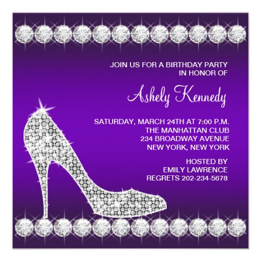 Diamond Purple High Heel Shoe Birthday Party Custom Announcement