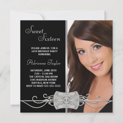 Diamond Silver Black Photo Sweet Sixteen Birthday Custom Invitation