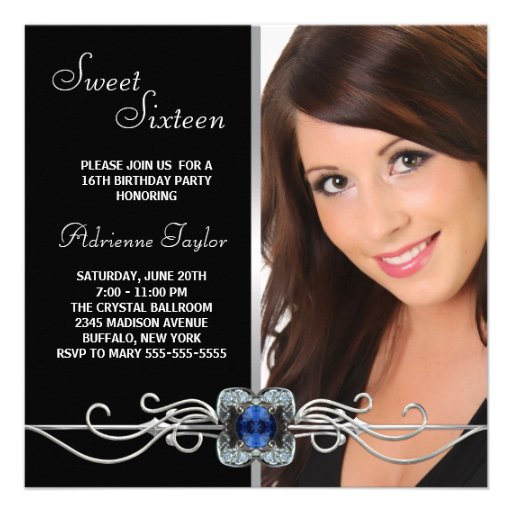 Diamond Silver Black Photo Sweet Sixteen Birthday Custom Announcements