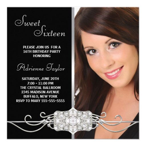 Diamond Silver Black Photo Sweet Sixteen Birthday Personalized Invite