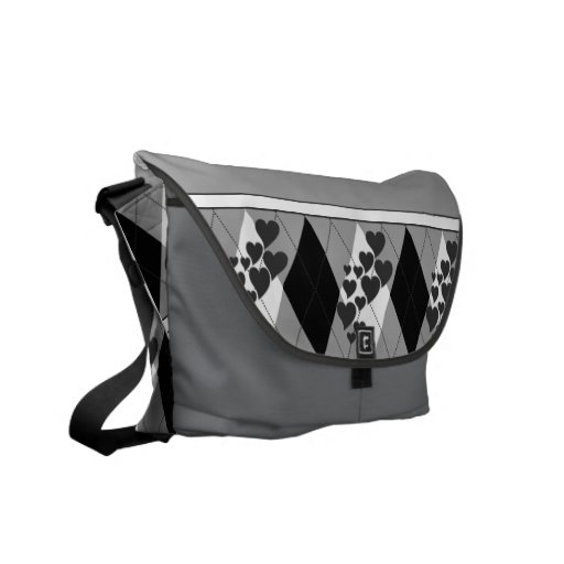 Diamond Swirling Hearts Argyle (Black And White) Messenger Bags
