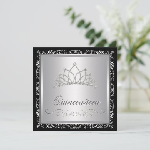 Diamond Tiara Black Damask Quinceanera Invitation Zazzle