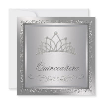 Diamond Tiara Elegant Silver Damask Quinceanera Invitations