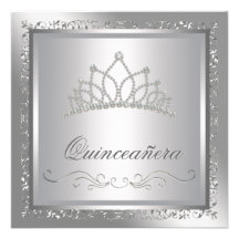 Diamond Tiara Elegant Silver Damask Quinceanera Invitations