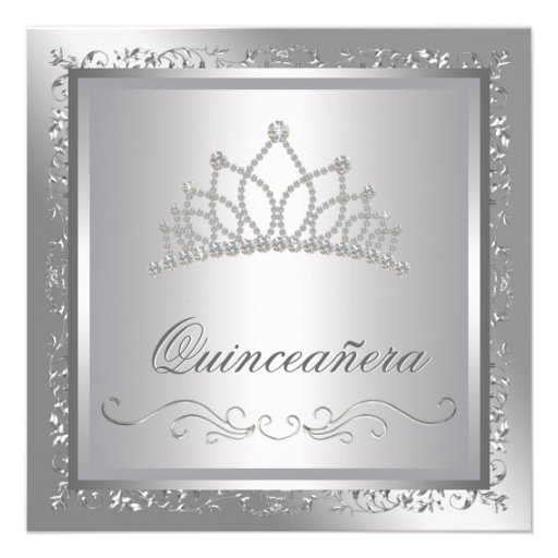 Diamond Tiara Elegant Silver Damask Quinceanera Invitations