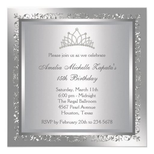 Diamond Tiara Elegant Silver Damask Quinceanera Invitations