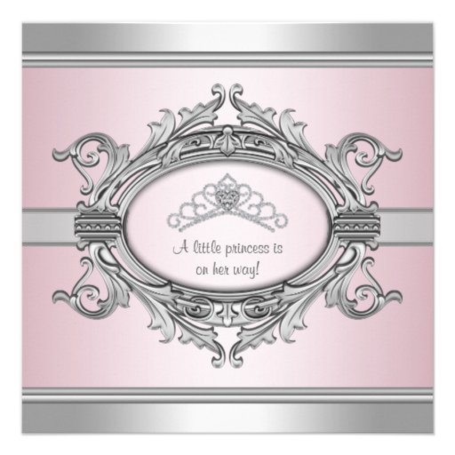 Diamond Tiara Gray Pink Princess Baby Girl Shower Custom Announcement