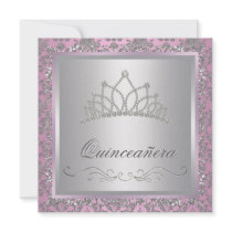 Diamond Tiara Pink Damask Pink Quinceanera Invites
