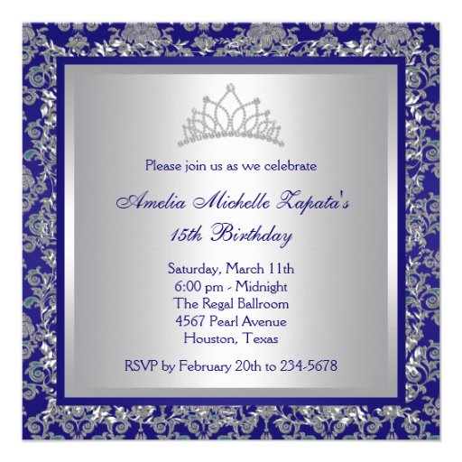 Diamond Tiara Royal Navy Blue Quinceanera Invite