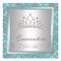 Diamond Tiara Teal Blue Damask Teal Blue Quinceane Personalized Invites