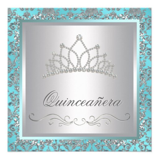 Diamond Tiara Teal Blue Damask Teal Blue Quinceane Personalized Invites