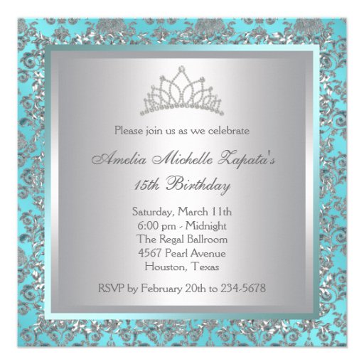Diamond Tiara Teal Blue Damask Teal Blue Quinceane Personalized Invites