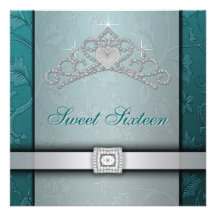 Diamond Tiara Teal Blue Sweet 16 Birthday Party Custom Announcement