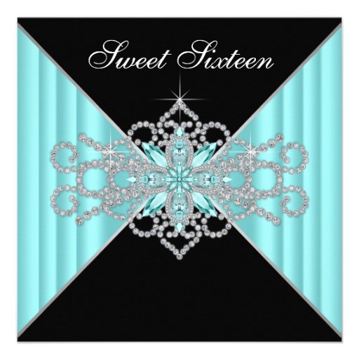 Diamond Turquoise Blue and Black Sweet 16 Birthday Personalized Announcements